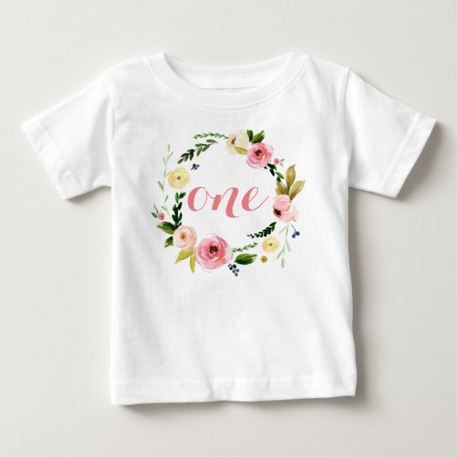 T-shirt Pour Bébé Une Fille Bébée Personnalisée Aquarelle Florale Wr (Devant)