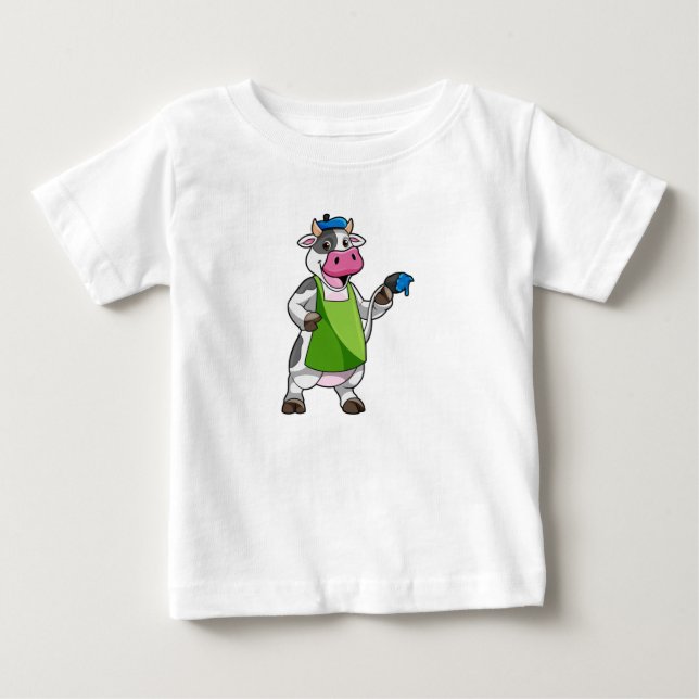 T-shirt Pour Bébé Vache en peintre avec peinture et tablier (Devant)