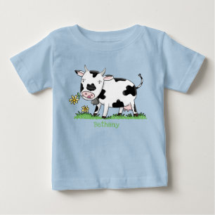 T-shirt Pour Bébé Vache mignonne en vert dessin animé sur le terrain