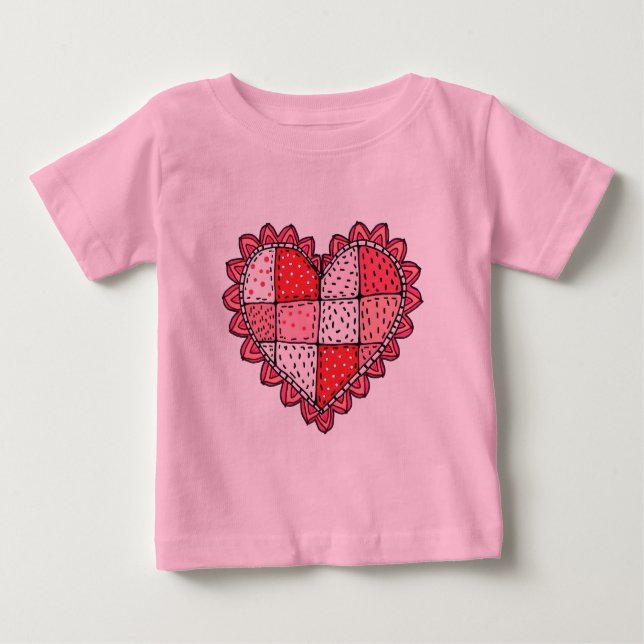 T-shirt Pour Bébé Valentine's Doodle Art Style Faux Patchwork Heart  (Devant)