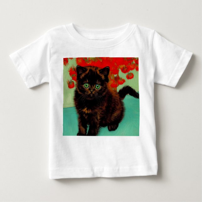 T-shirt Pour Bébé Van Gogh Chat noir Fleurs rouges (Devant)