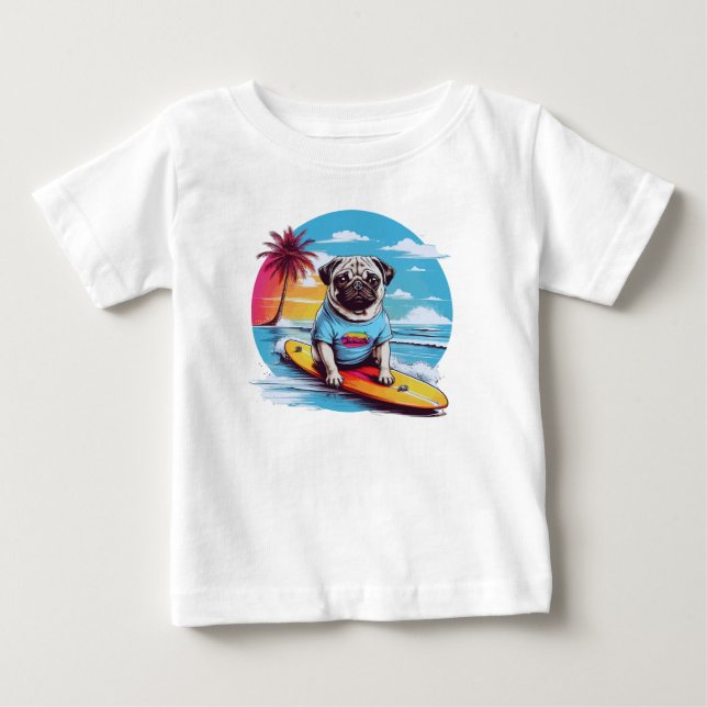 T-shirt Pour Bébé Vector dog surf dans les vagues (Devant)