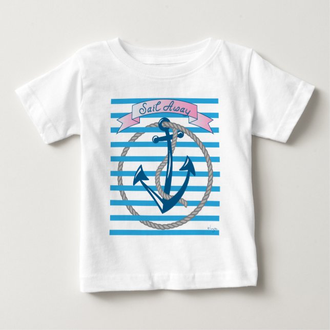 T-shirt Pour Bébé Voilier Away Ancre nautique avec bandes bleues (Devant)