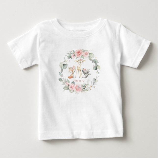 T-shirt Pour Bébé Whimsical Chic Woodland Blush Rose Floral (Devant)