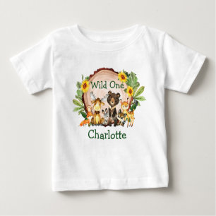 T-shirt Pour Bébé Wild One 1er Anniversaire Forêt Animaux Tournesols