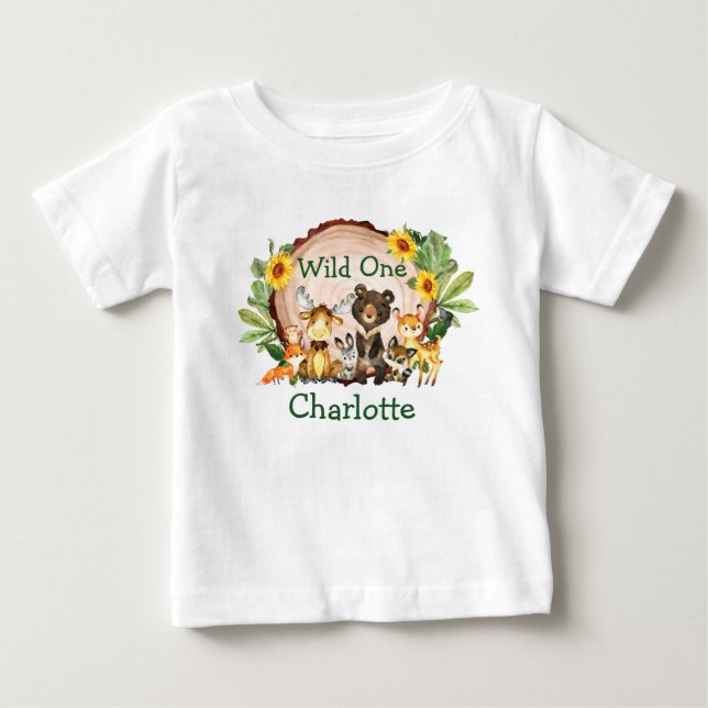 T-shirt Pour Bébé Wild One 1er Anniversaire Forêt Animaux Tournesols (Devant)