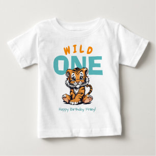 T-shirt Pour Bébé Wild ONE Baby's 1st Birthday Cute Tiger and Name