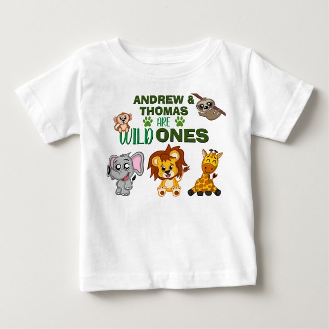 T-shirt Pour Bébé Wild One Jungle Safari Animal Twins Premier annive (Devant)