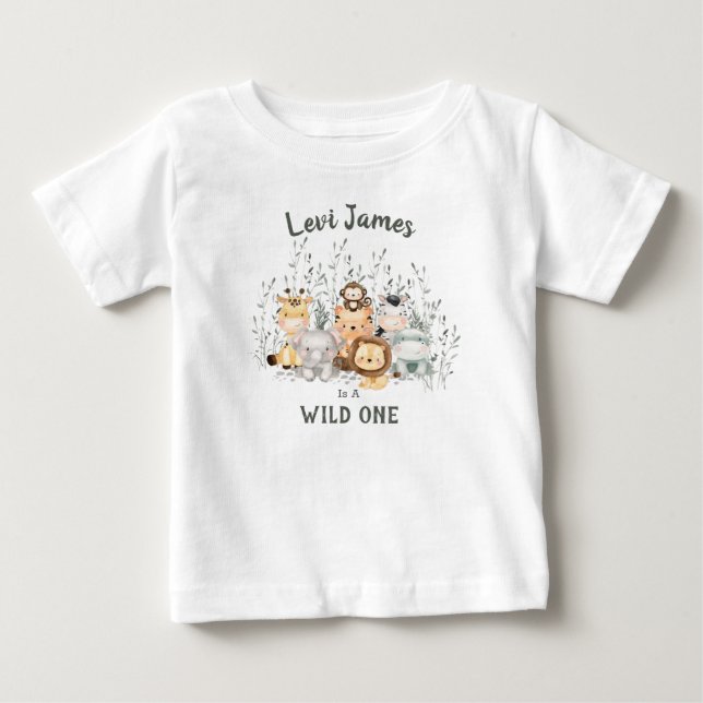 T-shirt Pour Bébé Wild One Safari Animaux premier anniversaire (Devant)
