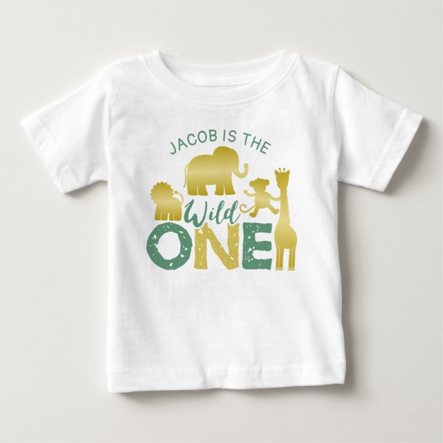 T-shirt Pour Bébé Wild One Safari Jungle 1er Anniversaire Gold Green (Devant)