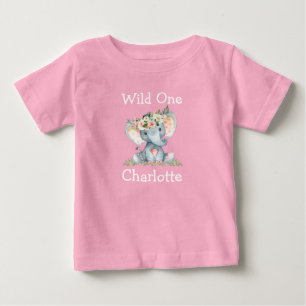 T-shirt Pour Bébé Wild Un 1er anniversaire Flower Crown Elephant ros