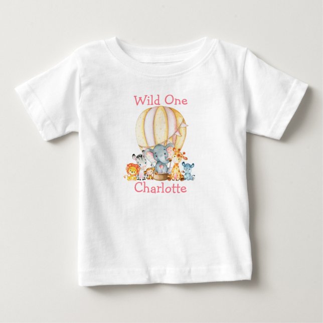 T-shirt Pour Bébé Wild Un 1er Anniversaire Safari Animaux Balloon ro (Devant)