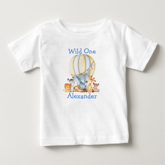 T-shirt Pour Bébé Wild Un 1er Anniversaire Safari Animaux Blue Ballo (Devant)