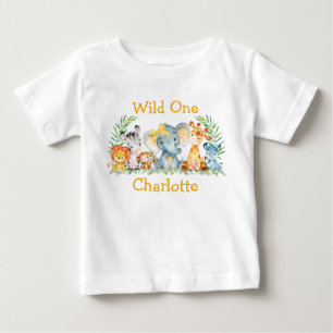 T-shirt Pour Bébé Wild Un 1er Anniversaire Safari Animaux Bow Jaune