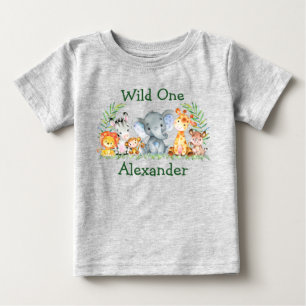 T-shirt Pour Bébé Wild Un 1er anniversaire Safari Animaux Gris