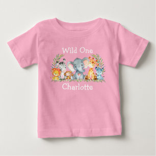 T-shirt Pour Bébé Wild Un 1er anniversaire Safari Animaux rose