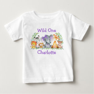 T-shirt Pour Bébé Wild Un 1er Anniversaire Safari Animaux Violet Bow