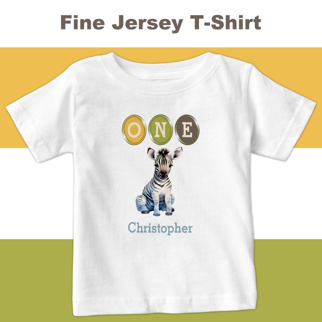 T-shirt Pour Bébé Zebra 1er anniversaire un avec le nom bleu (Créateur téléchargé)