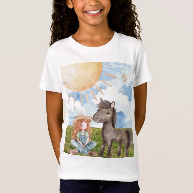 T-shirt pour enfants avec filles et poney (Devant)