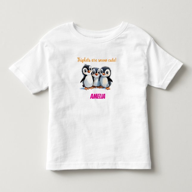 T-shirt Pour Les Tous Petits 1er Anniversaire Triplets Cadeau, Pingouins, Custo (Devant)