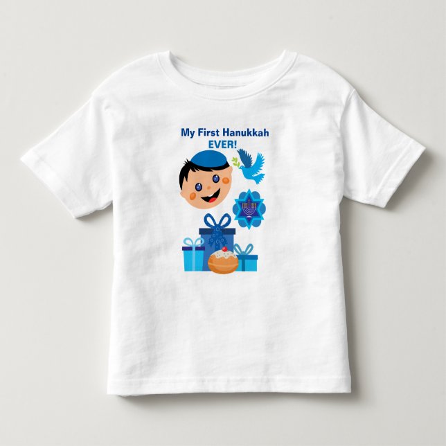 T-shirt Pour Les Tous Petits 👶 1er Hanoukka 🍩 bébé - avec un bébé juif heureu (Devant)