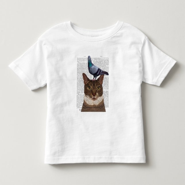 T-shirt Pour Les Tous Petits Chat avec pigeon sur tête (Devant)