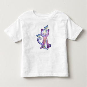 T-shirt Pour Les Tous Petits Chat mignon blanc violet avec oiseaux