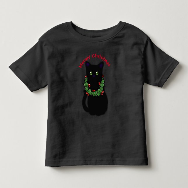 T-shirt Pour Les Tous Petits chat noir | Meowy Christmas | Holly garland (Devant)