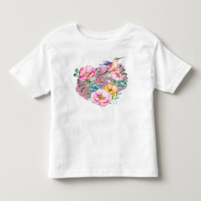 T-shirt Pour Les Tous Petits Coeur d'aquarelle rose Peony avec colibri (Devant)