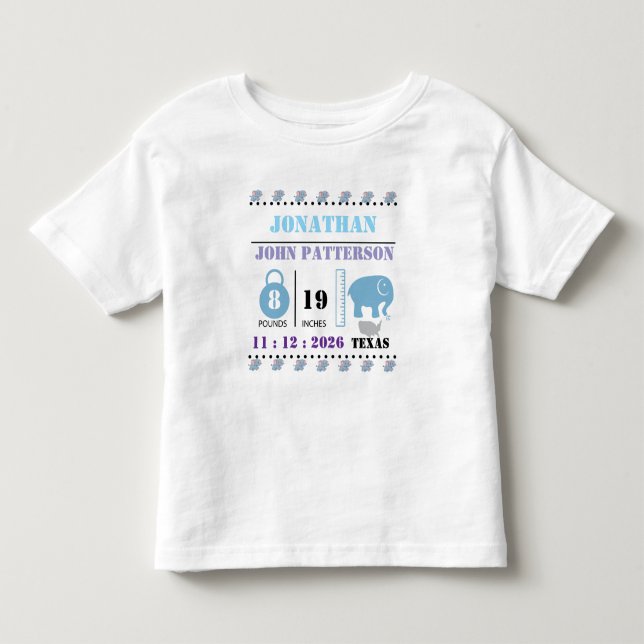 T-shirt Pour Les Tous Petits Cute Blue Baby Elephant Birth Announcement (Devant)