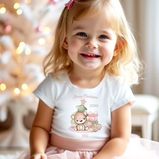 T-shirt Pour Les Tous Petits Cute Teddy Ours rose Nom de Noël Fille (Cute Teddy Bear Pink Christmas Name Girl Toddler T-shirt)