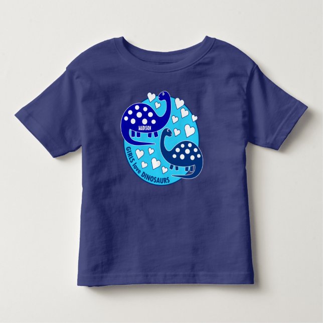 T-shirt Pour Les Tous Petits Dinosaure Bleu Simple Cute Filles | Cœurs (Devant)