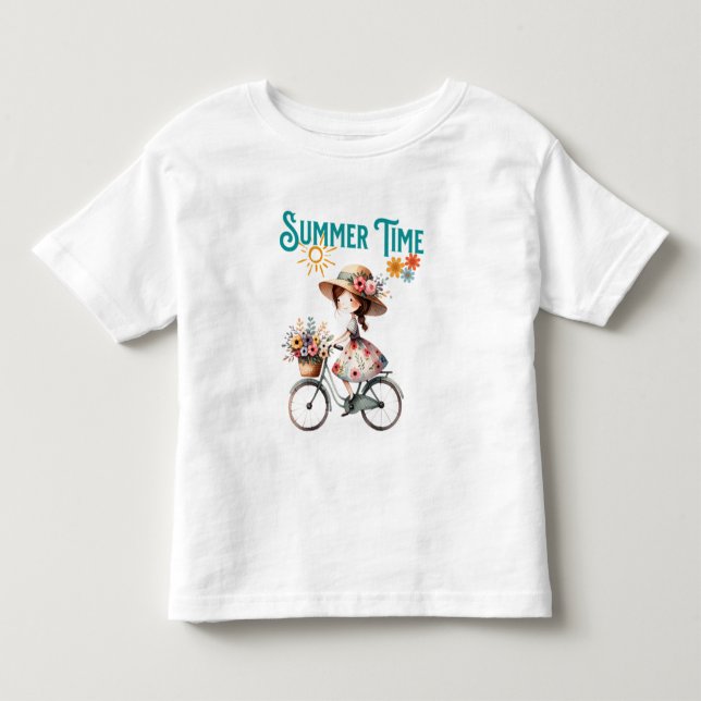 T-shirt Pour Les Tous Petits Fille en vélo avec fleurs été (Devant)