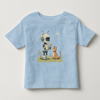 T-shirt Pour Les Tous Petits Joli Robot Offrant une Fleur à un Chat, une Illust