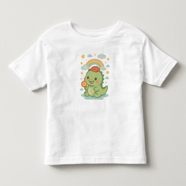 T-shirt Pour Les Tous Petits Kawaii Baby Dino with Candy Popsicle 🍭🦖☁️☀️ (Devant)
