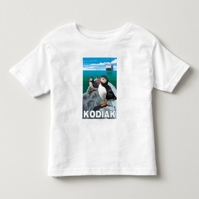 T-shirt Pour Les Tous Petits Kodiak, AlaskaPuffins et bateau de croisière (Devant)
