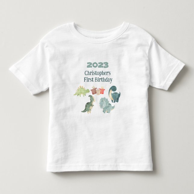 T-shirt Pour Les Tous Petits Personnaliser Nom Année Premier Anniversaire Dino  (Devant)
