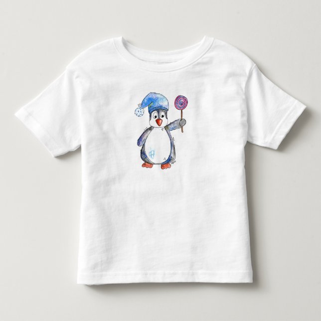 T-shirt Pour Les Tous Petits Pingouin blanc mignon avec Lollipop (Devant)