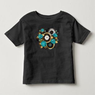 T-shirt Pour Les Tous Petits Steampunk Clock and Turquoise Roses on Striped