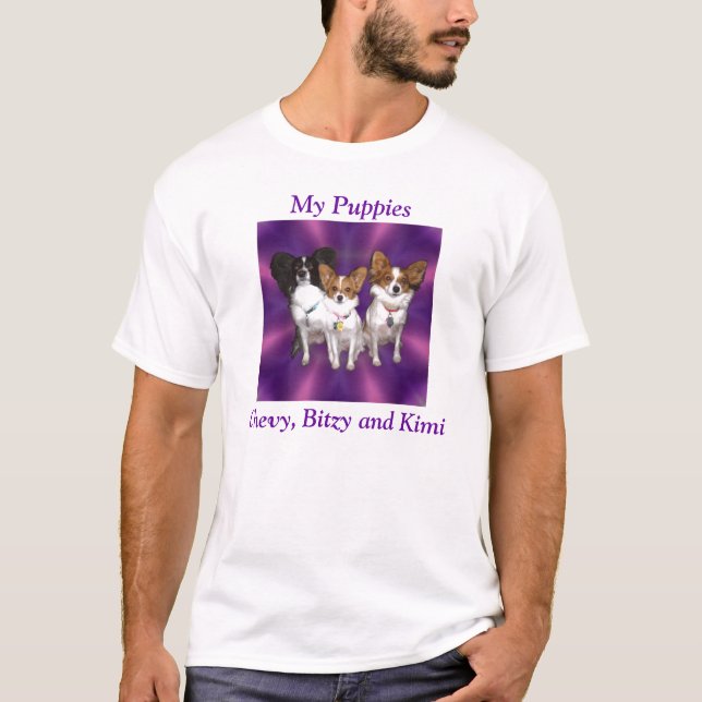 T-shirt pourpre, mes chiots, Chevy, Bitzy et Kimi (Devant)