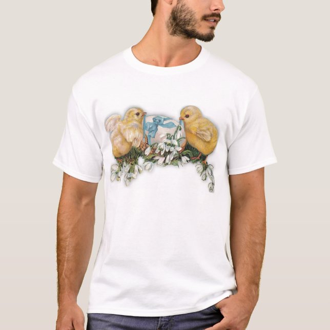 T-shirt Poussins, oeuf et fleurs de perce-neige (Devant)