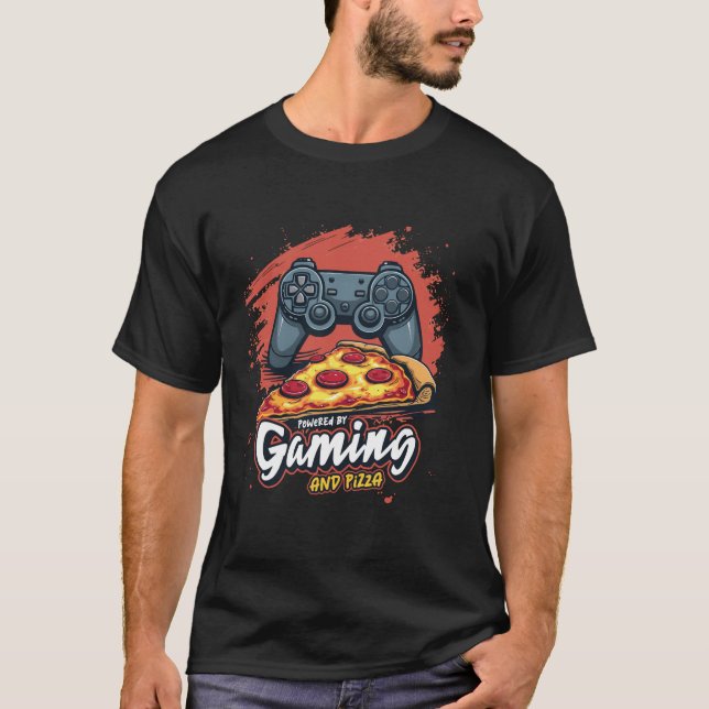 T-shirt Powered by Gaming and Pizza Video Games Lover Funn (Devant)