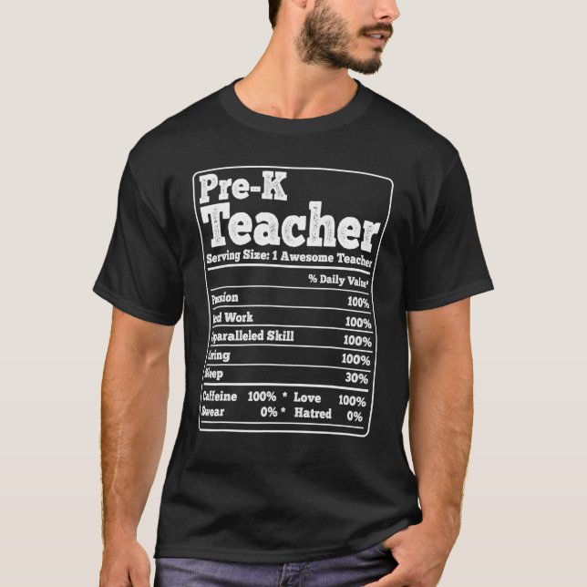 T-shirt Pré K Enseignant préscolaire Nutrition Facts Food  (Devant)
