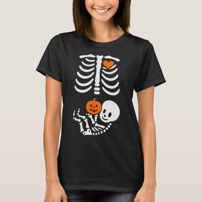 T-shirt Pregnant Skeleton Baby Bump Funny Halloween Tee  (Devant)