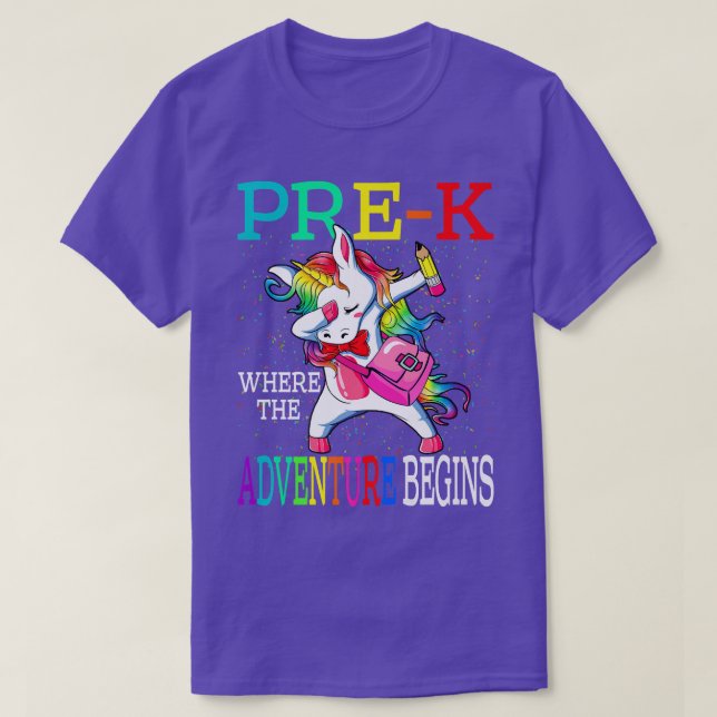 T-shirt PréK où l'aventure commence licorne  (Design devant)