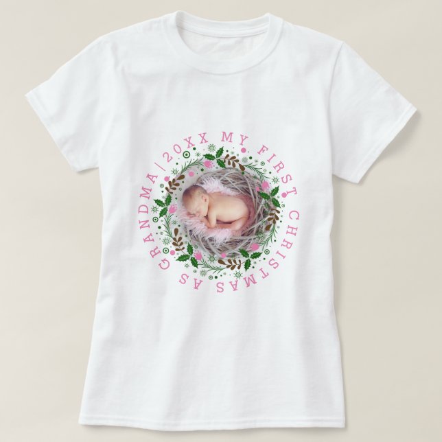 T-shirt Premier Noël en tant que grand-mère a couru rose (Design devant)