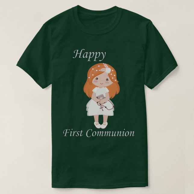 T-shirt Première communion Fille à tête rouge debout (Design devant)