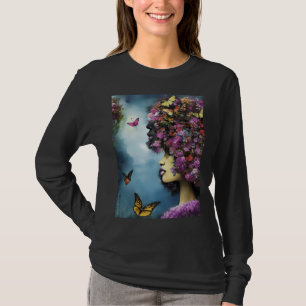 T-shirt Profil de femme avec des fleurs violettes et papil