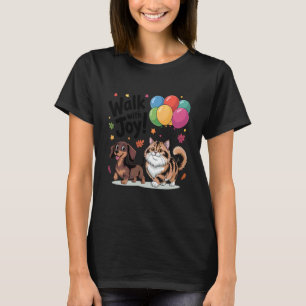 T-shirt Promener avec Joie Chien et Chat Heureux avec Ball