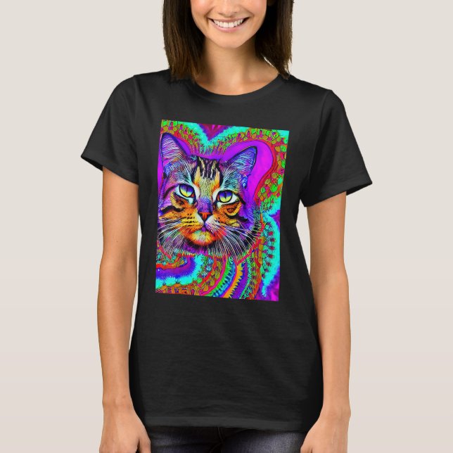 T-shirt Psychedelic Kitty Kitten Lover In Cat Art Style_3 (Devant)